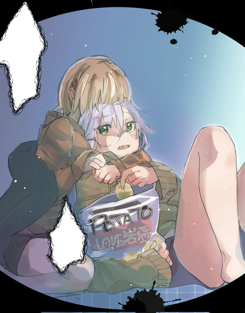 2girls, bag_of_chips, blonde_hair, chips_(food), dometan0_0, fang, food, glasses