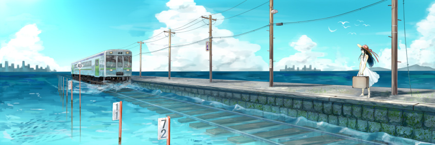 bird, black_hair, cloud, clouds, dress, flood, hat, long_hair, long_image, nishiuri, ocean, original, power_lines, railroad_tracks, scenery, sea_train, solo, suitcase, sun_hat, sundress, train, water, white_dress, wide_image