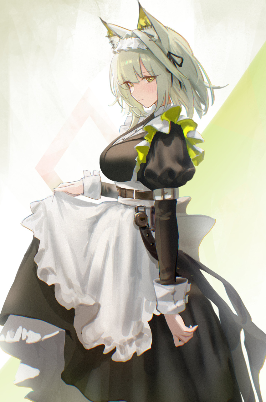 1girl, absurdres, animal_ear_fluff, animal_ears, apron, arknights, belt, black_dress