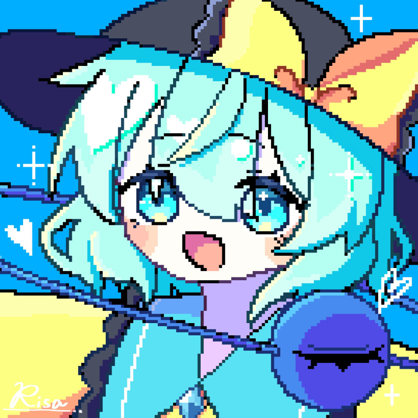 1girl, black_hat, blouse, blue_eyes, blush, bow, buttons, diamond_button, eyeball, frilled_shirt_collar, frills, green_hair, hat, hat_bow, highres, komeiji_koishi, open_mouth, pixel_art, ribbon, risa_mashu, shirt, third_eye, touhou, yellow_bow, yellow_shirt