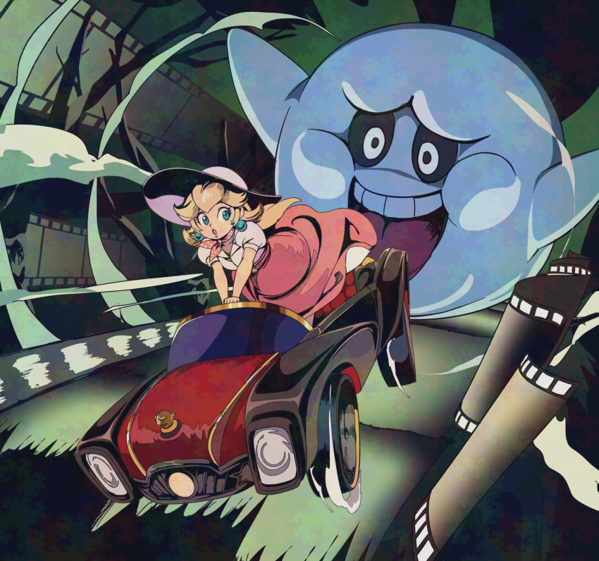 1girl, :o, bandana, black_eyes, blonde_hair, blue_eyes, boohemoth, car