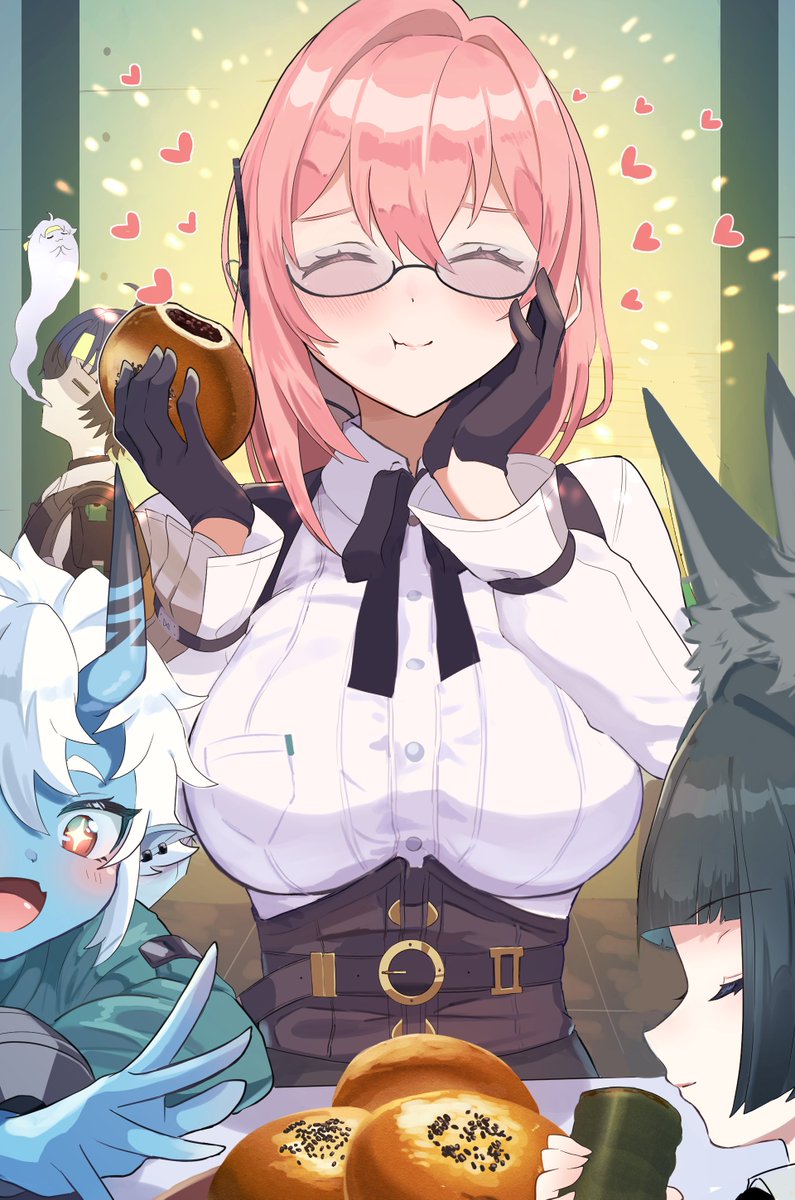 1boy, 3girls, animal_ears, aqua_jacket, asaba_harumasa, black_gloves, black_hair, blue_skin