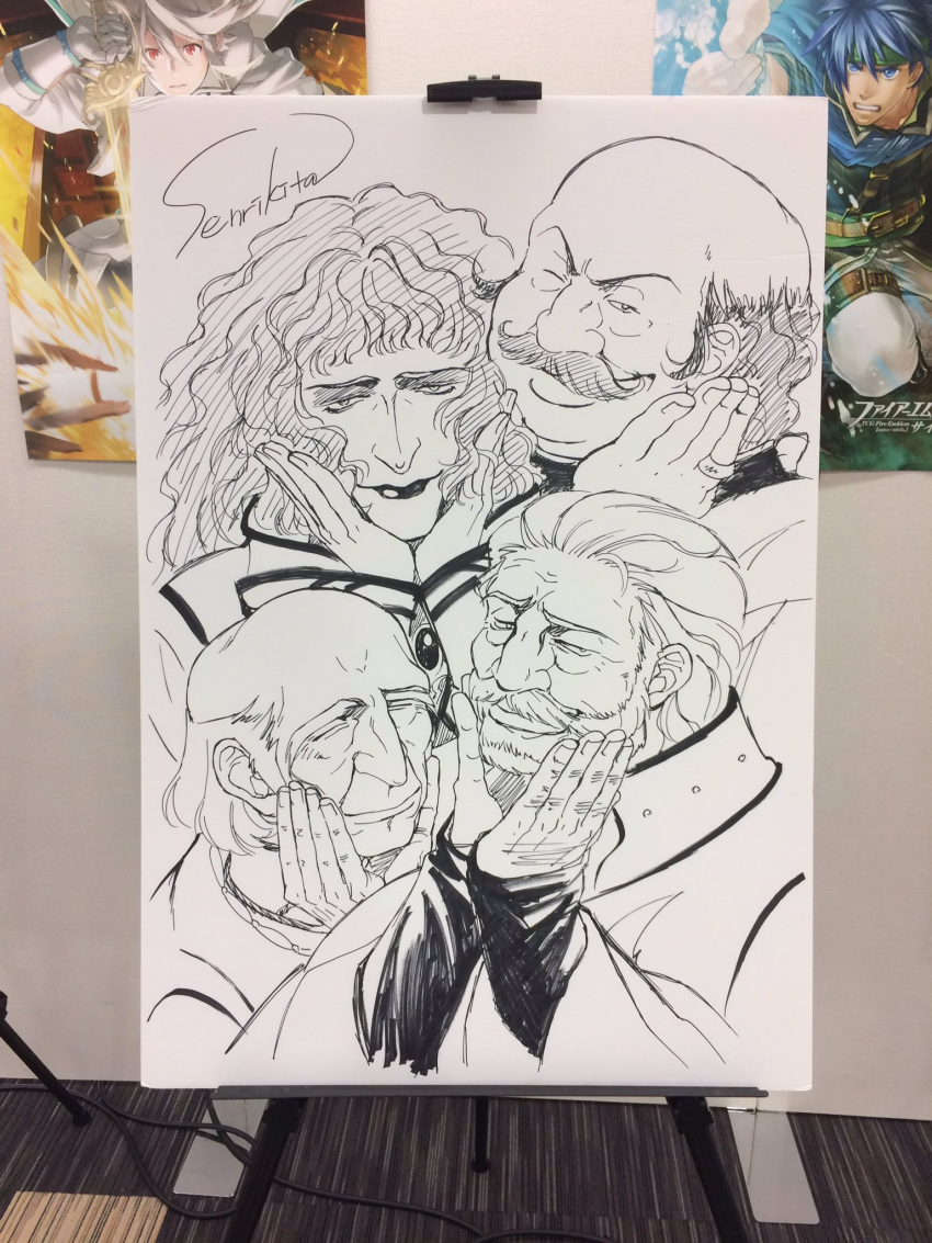 4boys, bald, beard, closed_eyes, commentary_request, facial_hair, fire_emblem, fire_emblem:_radiant_dawn, hetzel_(fire_emblem), highres, jewelry, kita_senri, lekain, long_hair, male_focus, monochrome, multiple_boys, mustache, old, old_man, oliver_(fire_emblem), one_eye_closed, photo_(medium), ring, short_hair, signature, sketch, traditional_media, valtome
