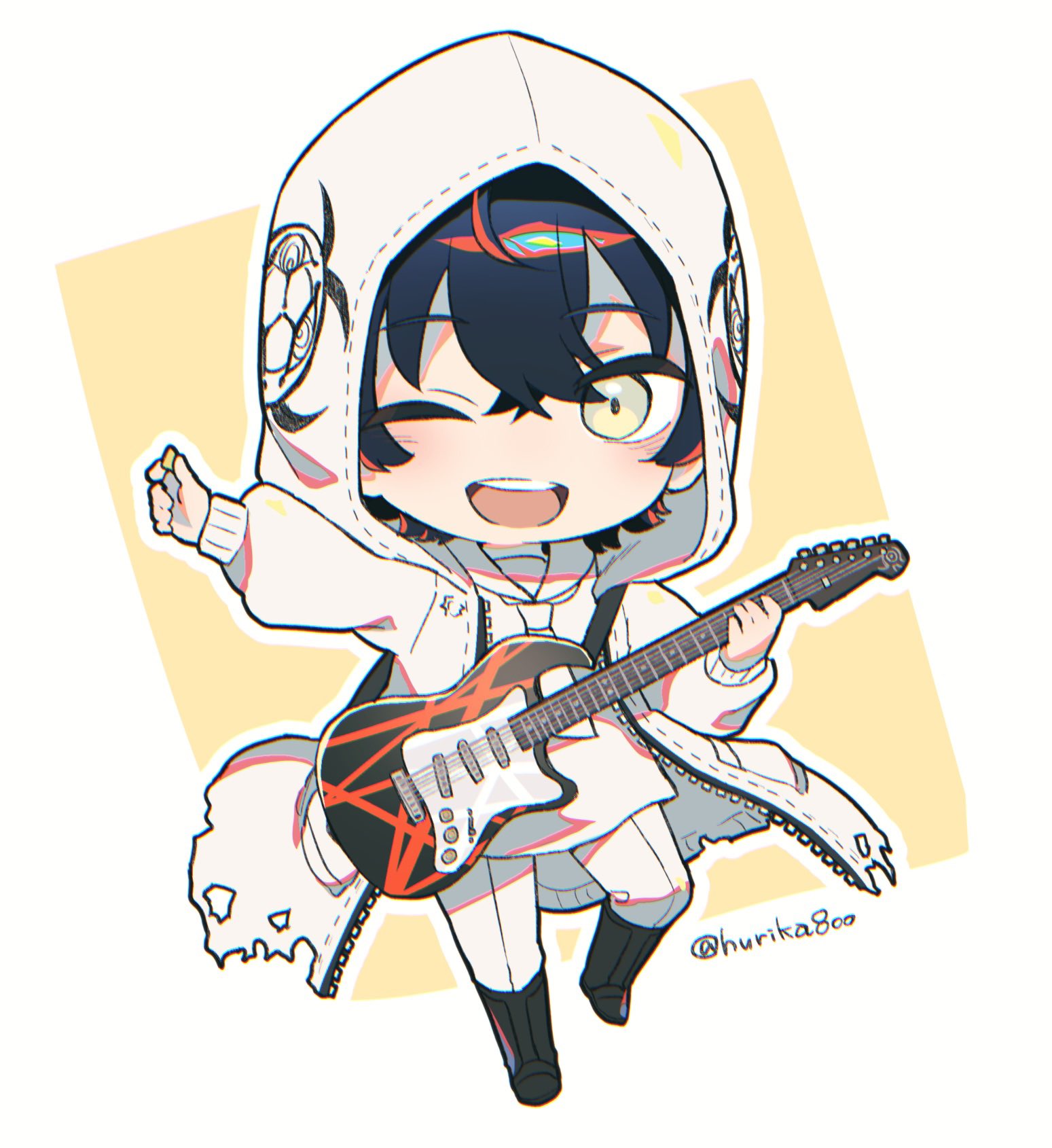 1girl, :d, biohazard_symbol, black_boots, black_hair, boots, chibi, coat