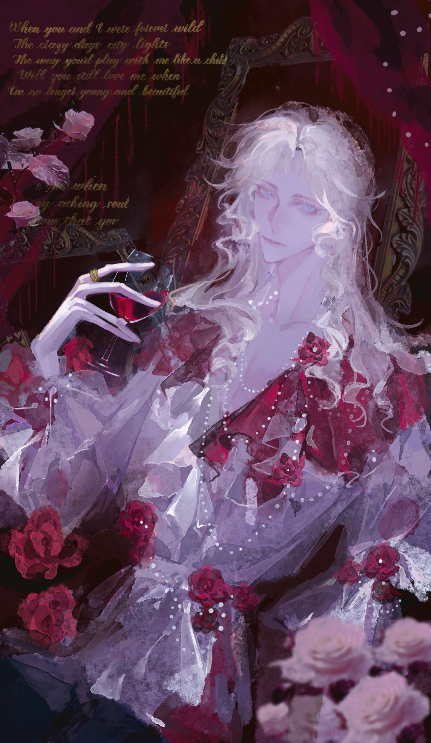 1boy, absurdres, alcohol, black_pants, blonde_hair, blue_eyes, closed_mouth, collarbone