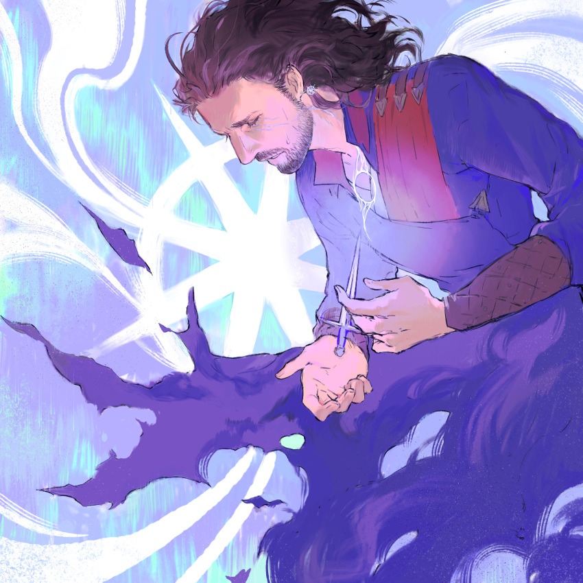 1boy, arms_up, baldur's_gate, baldur's_gate_3, beard, blue_robe, brown_hair, closed_eyes