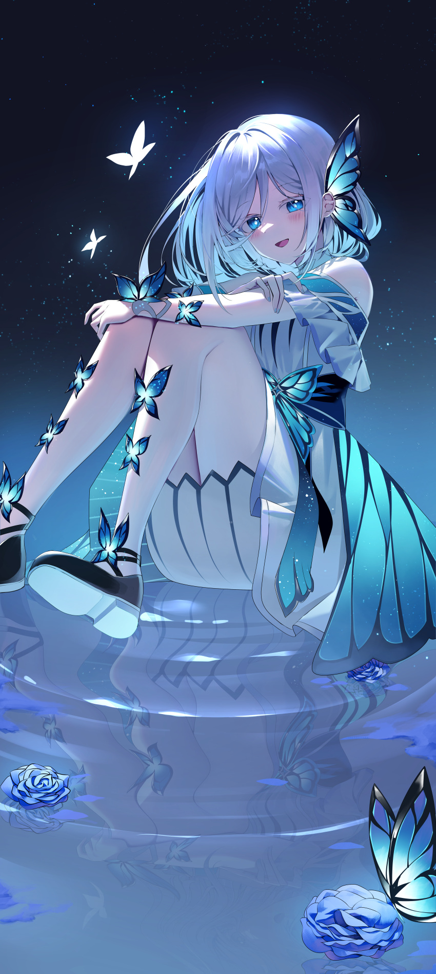 1girl, absurdres, arm_on_knee, bare_shoulders, black_shoes, black_survival, blue_butterfly, blue_eyes