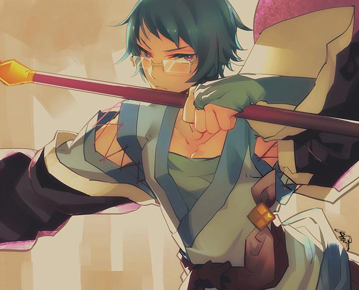 1boy, arai_12, black_sleeves, blue_gloves, blue_shirt, emil_chronicle_online, glasses, gloves