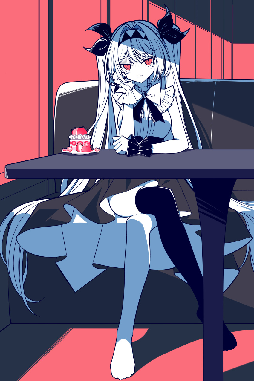 1girl, absurdres, arm_on_table, arm_rest, asymmetrical_legwear, black_skirt, black_thighhighs, black_wrist_cuffs