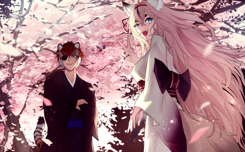 1boy, 1girl, animal_ears, black_kimono, blue_eyes, breasts, character_request, cherry_blossoms