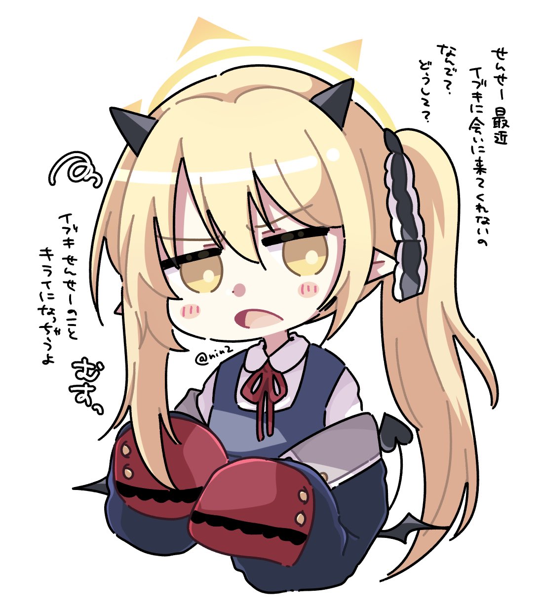 1girl, black_dress, black_horns, black_ribbon, black_tail, black_wings, blonde_hair, blue_archive
