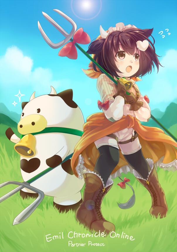 1girl, bandana, bell, belt, black_thighhighs, blue_sky, boots, brown_boots