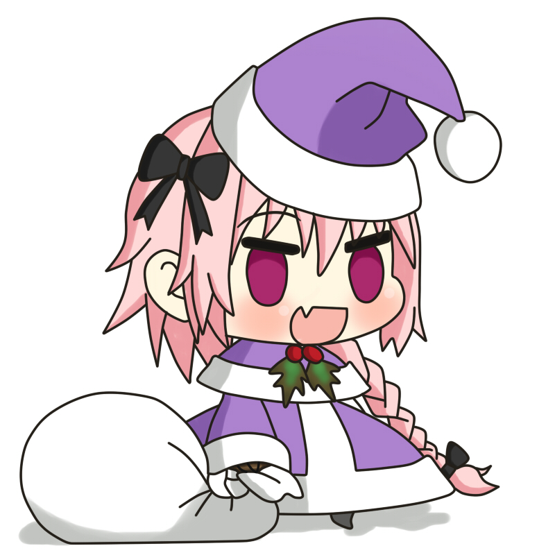 1boy, alternate_costume, astolfo_(fate), bag, black_bow, blush, bow, braid, chibi, coat, fang, fate/apocrypha, fate_(series), full_body, gift_bag, hair_bow, hat, holding, holding_bag, long_hair, male_focus, meme, miyami_kyoko, open_mouth, original, padoru_(meme), pink_hair, santa_hat, single_braid, skin_fang, smile, solo, violet_eyes, white_background, winter_clothes, winter_coat