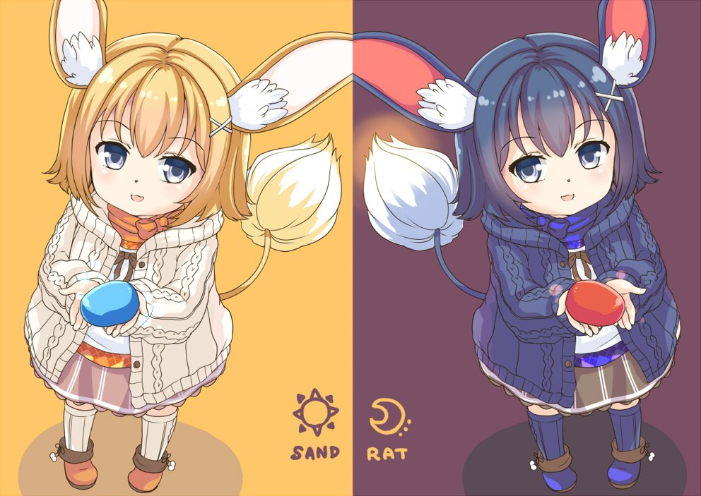 animal_ears, black_hair, blonde_hair, blue_boots, blue_jacket, blue_scarf, blue_shirt, blue_thighhighs