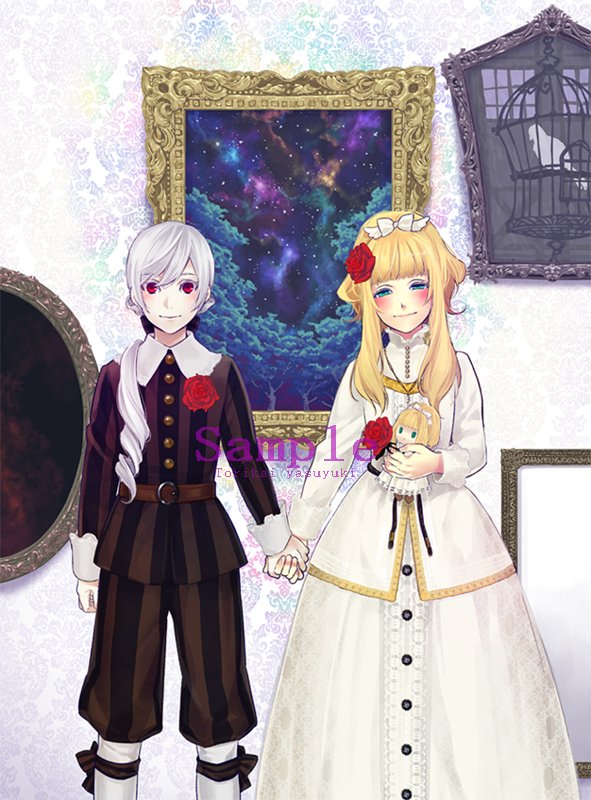 1boy, 1girl, aged_down, birdcage, black_bow, blonde_hair, blue_eyes, blunt_bangs