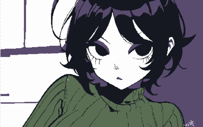 1girl, black_eyes, black_hair, eyeshadow, green_sweater, hollie_hawkes, makeup, open_mouth
