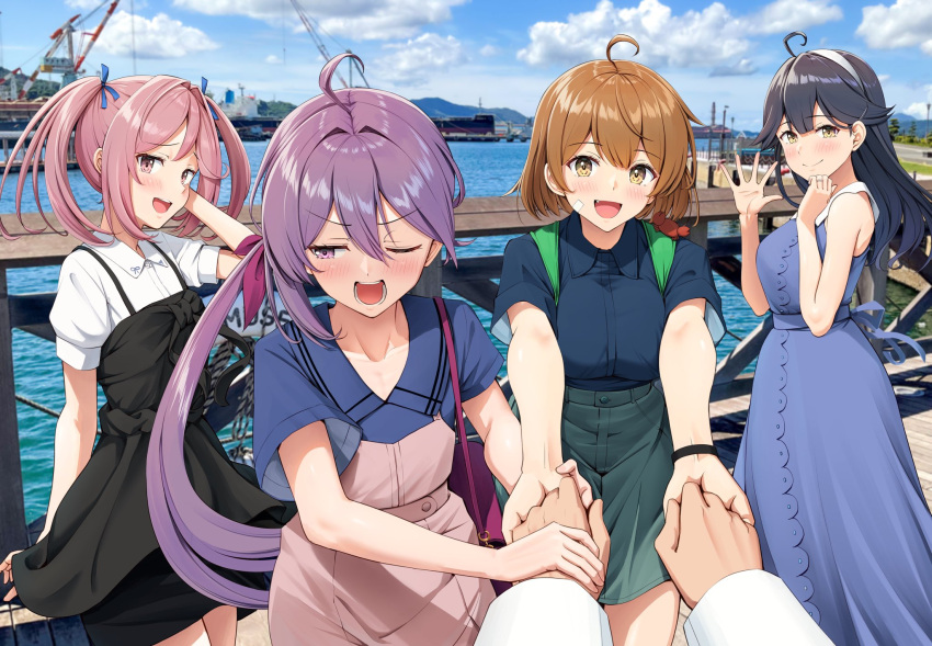 4girls, ahoge, akebono_(kancolle), akebono_(kure)_(kancolle), backpack, bag, bandaid, bandaid_on_face