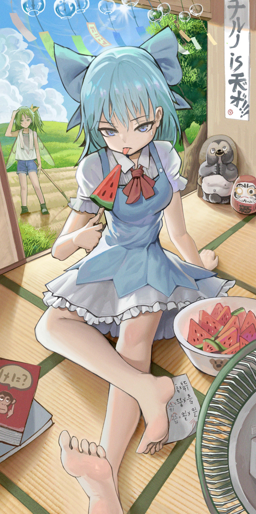 1girl, absurdres, barefoot, blue_bow, blue_dress, blue_eyes, blue_hair, blush