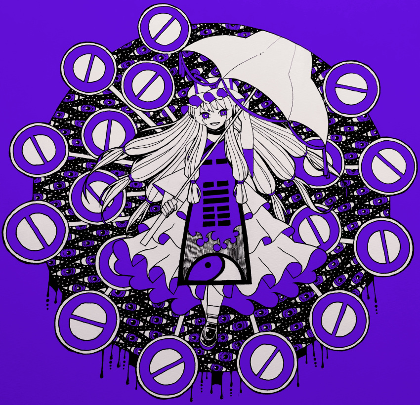 1girl, absurdres, ballpoint_pen_(medium), bobby_socks, boku_(isizakitakasi), disembodied_eye, dress, full_body, gap_(touhou), grin, hat, hat_ribbon, highres, holding, holding_umbrella, layered_dress, long_hair, long_sleeves, looking_at_viewer, mob_cap, monochrome, no_entry_sign, parasol, partially_colored, pen_(medium), purple_theme, ribbon, road_sign, shoes, sign, smile, socks, solo, tabard, too_many_signs, touhou, traditional_media, umbrella, wide_sleeves, yakumo_yukari