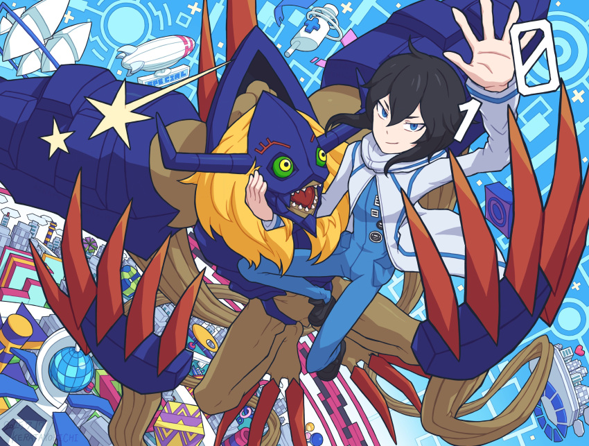 1boy, absurdres, black_hair, blue_bodysuit, blue_eyes, bodysuit, coat, diablomon