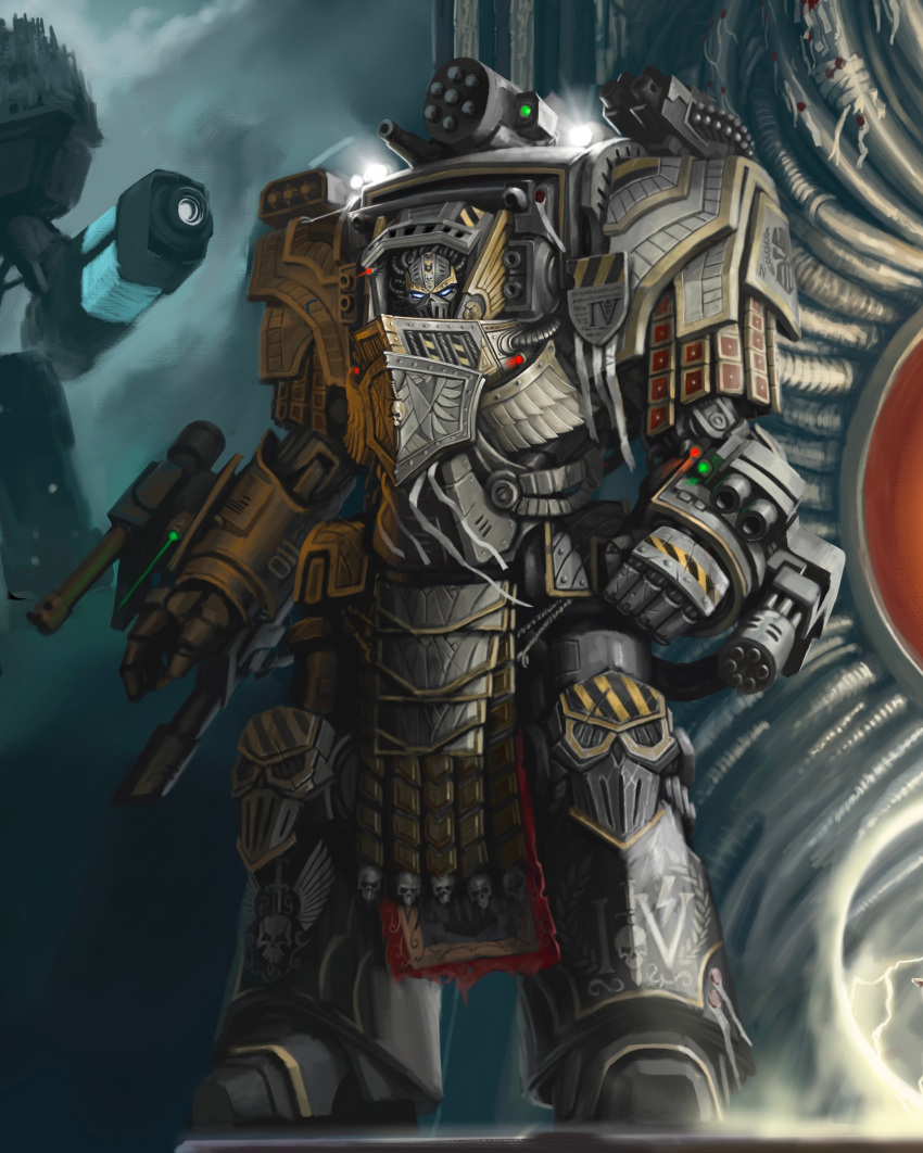 1boy, absurdres, alternate_universe, armor, caution_tape, gatling_gun, highres, iron_warriors, kim_chan, laser, laser_pointer_projection, light_persona, male_focus, minigun, pelvic_curtain, perturabo, power_armor, primarch, roman_numeral, solo, terminator_armor, titan_(warhammer_40k), warhammer_40k