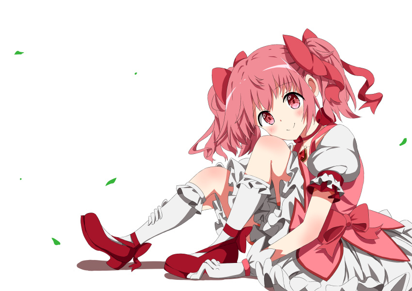1girl, absurdres, blush, bow, candy07, choker, closed_mouth, dress, dress_bow, frilled_dress, frilled_socks, frills, full_body, gem, gloves, hair_bow, hand_on_own_leg, head_tilt, highres, jewelry, kaname_madoka, kneehighs, leaf, looking_at_viewer, magical_girl, mahou_shoujo_madoka_magica, mahou_shoujo_madoka_magica_(anime), multiple_hair_bows, necklace, pink_bow, pink_dress, pink_eyes, pink_hair, puffy_short_sleeves, puffy_sleeves, red_choker, red_gemstone, red_shoes, shoes, short_hair, short_sleeves, short_twintails, sidelocks, simple_background, sitting, smile, socks, solo, twintails, white_background, white_dress, white_gloves, wind
