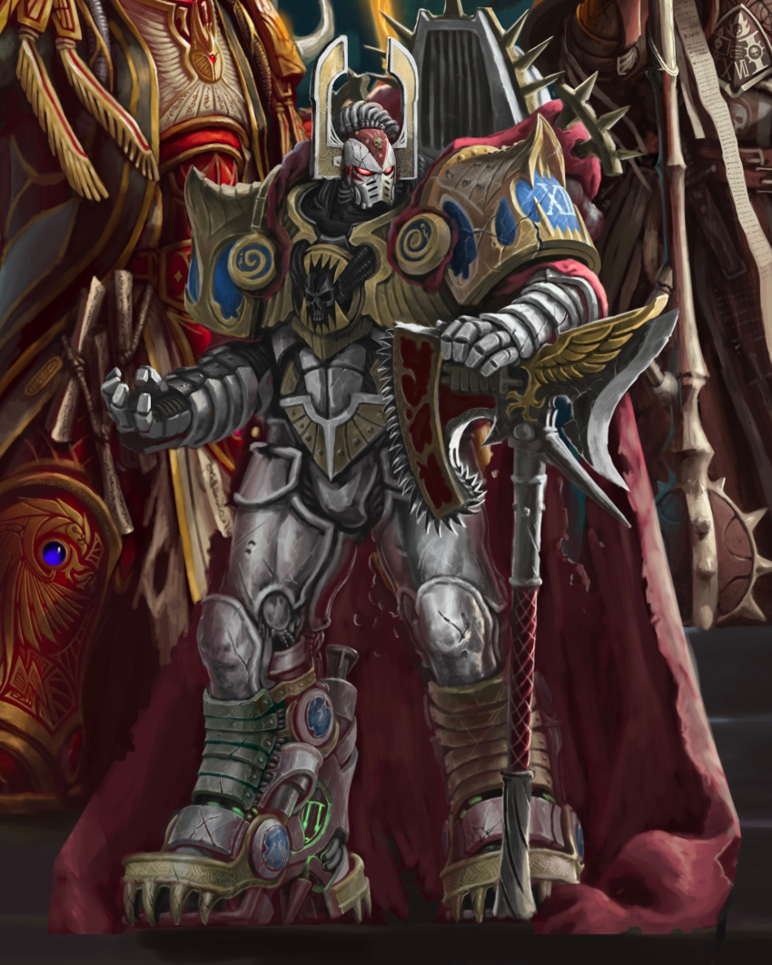3boys, angron, armor, axe, blue_armor, butchers_nails, club_(weapon), fake_horns