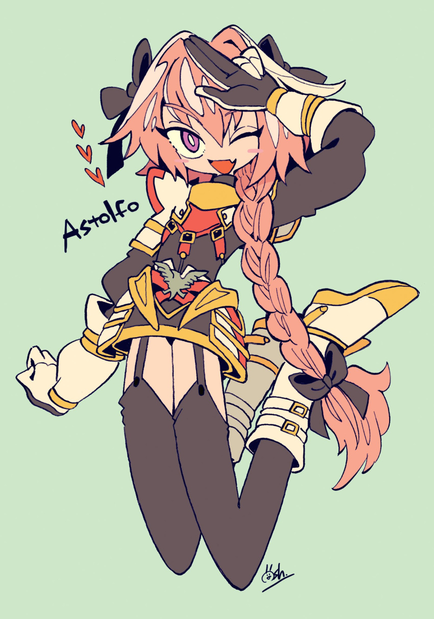 1boy, aqua_background, armored_skirt, astolfo_(fate), black_bow, black_garter_straps, black_sweater, black_thighhighs