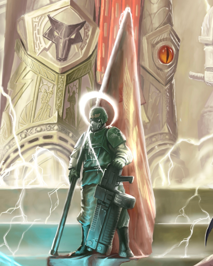 3boys, alternate_universe, astra_militarum, flag, gun, halo, highres, holding, holding_flag, holding_gun, holding_weapon, imperial_aquila, kim_chan, lightning, male_focus, multiple_boys, size_difference, soldier, warhammer_40k, weapon, white_halo