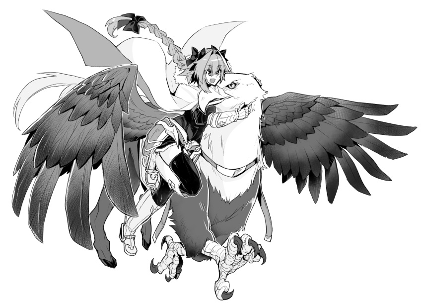 1boy, animal_hug, armored_skirt, astolfo_(fate), beak, bird_wings, black_bow, black_garter_straps