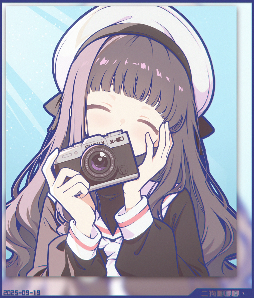 1girl, ^_^, artist_name, black_hair, black_jacket, camera, cardcaptor_sakura, chinese_commentary, closed_eyes, commentary_request, daidouji_tomoyo, dated, ershaoye611, facing_viewer, hat, highres, holding, holding_camera, jacket, long_hair, sailor_collar, school_uniform, smile, solo, tomoeda_elementary_school_uniform, white_hat, white_sailor_collar