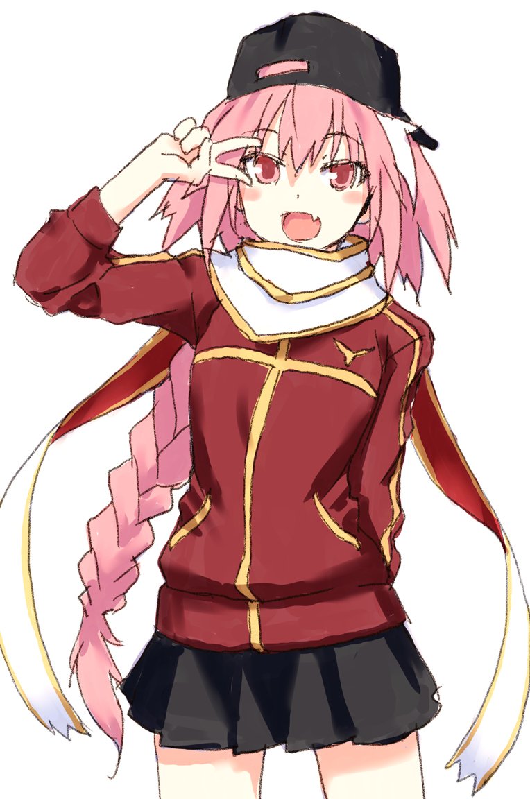 1boy, adapted_costume, alternate_costume, artoria_pendragon_(fate), astolfo_(fate), backwards_hat, baseball_cap, black_bow, black_skirt, blush, bow, braid, cosplay, cowboy_shot, fang, fate/apocrypha, fate_(series), hair_bow, hair_intakes, hat, jacket, long_hair, male_focus, multicolored_hair, mysterious_heroine_x_(fate), mysterious_heroine_x_(fate)_(cosplay), ob, open_mouth, pink_eyes, pink_hair, raika9, red_jacket, ribbon, single_braid, skin_fang, skirt, smile, solo, streaked_hair, trap, two-tone_hair, white_background, white_hair
