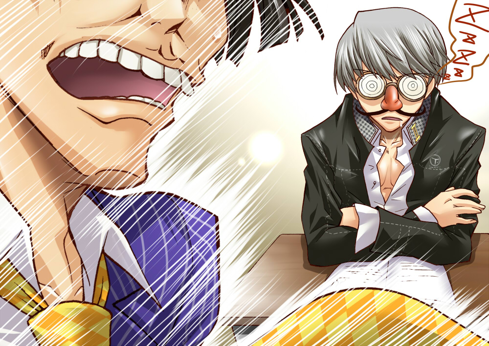 book, desk, drooling, funny_glasses, glasses, grey_hair, morooka_kinshiro, morooka_kinshirou