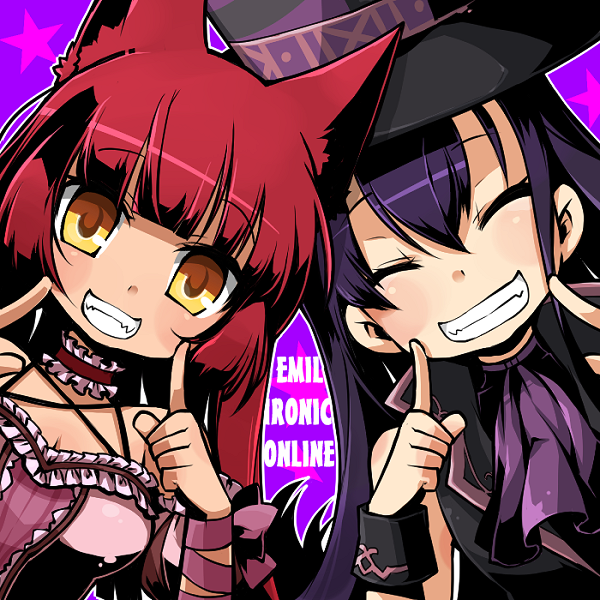 2girls, ^_^, animal_ears, avatar_(eco), black_hat, black_jacket, clenched_teeth, closed_eyes