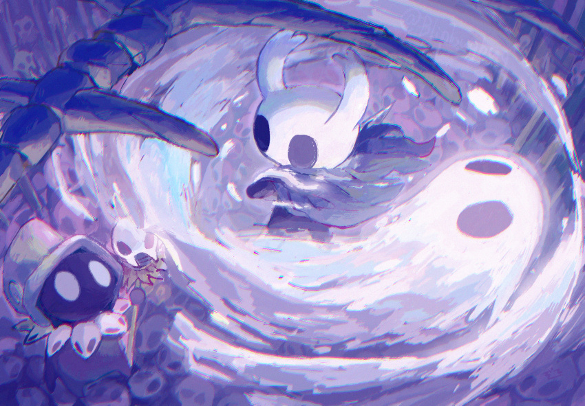 1boy, 1other, arm_up, arthropod_boy, black_skin, blank_eyes, blipbugbug, bone