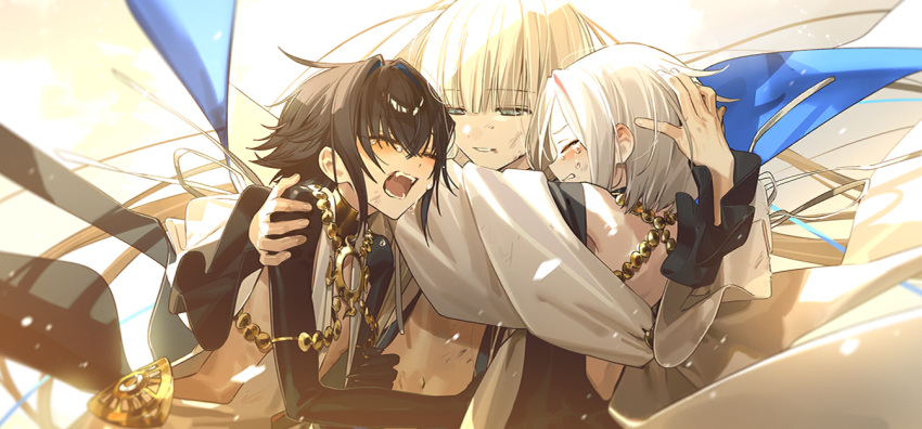 1boy, 2others, black_hair, blue_eyes, closed_eyes, crying, dove_(fate), fate/grand_order