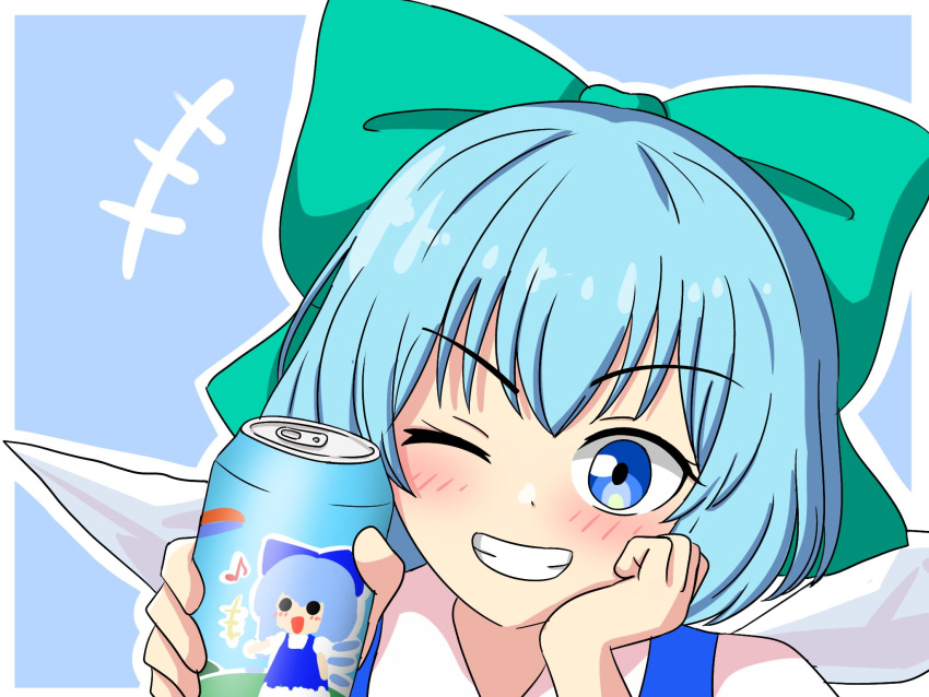 1girl, blue_dress, blue_eyes, blue_hair, blush, bow, chirumiru, cirno, collared_shirt, dress, ehehe52921343, green_bow, hair_bow, highres, ice, ice_wings, neck_ribbon, one_eye_closed, pinafore_dress, red_ribbon, ribbon, shirt, short_hair, sleeveless, sleeveless_dress, smile, solo, touhou, upper_body, white_shirt, wings