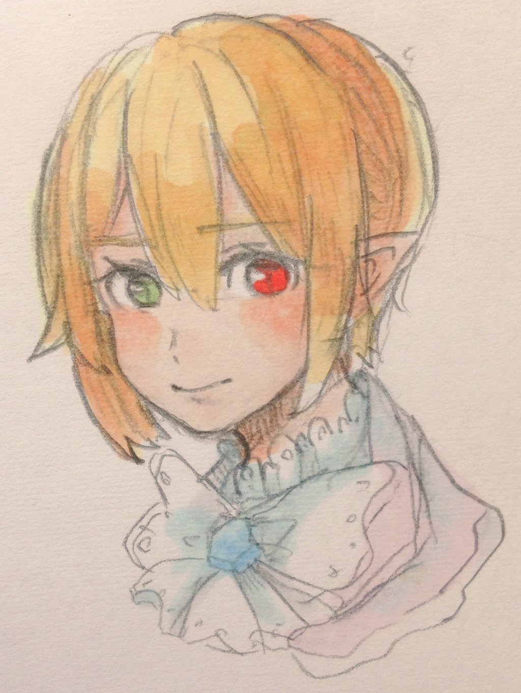 1girl, blonde_hair, closed_mouth, green_eyes, hair_between_eyes, heterochromia, highres, iris_(rune_factory), photo_(medium), pointypears, portrait, red_eyes, rune_factory, rune_factory_frontier, short_hair, solo, straight_hair, traditional_media