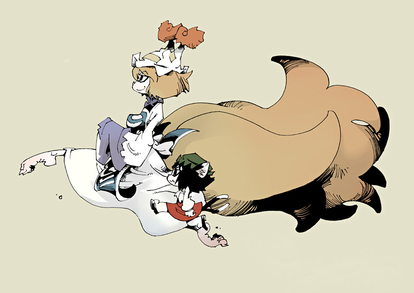 age_difference, animal_ears, barefoot, black_hair, blonde_hair, cat_ears, cat_tail, chen