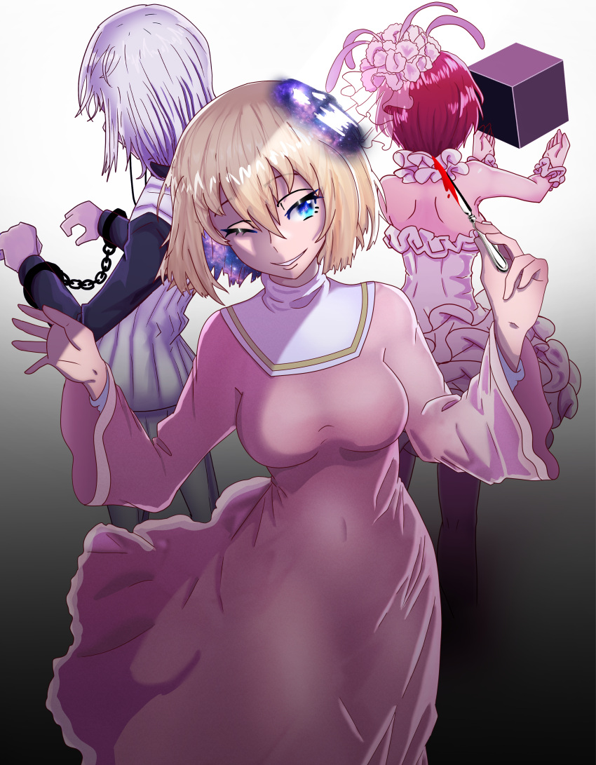 1boy, 2girls, ;), absurdres, accelerator_(toaru_majutsu_no_index), aleister_crowley_(toaru_majutsu_no_index), black_shirt, blonde_hair