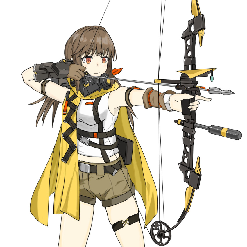 1girl, bare_shoulders, belt, black_belt, bow_(weapon), breasts, brown_gloves, brown_hair