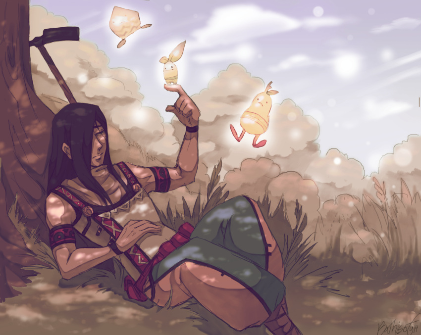 1boy, blue_sky, closed_mouth, commentary, grass, hair_over_one_eye, hand_on_own_stomach, hoe, kathisofy, kross_(rune_factory), long_hair, lying, male_focus, on_back, on_grass, rune_factory, rune_factory_frontier, runey, shade, sky, split_mouth, tree