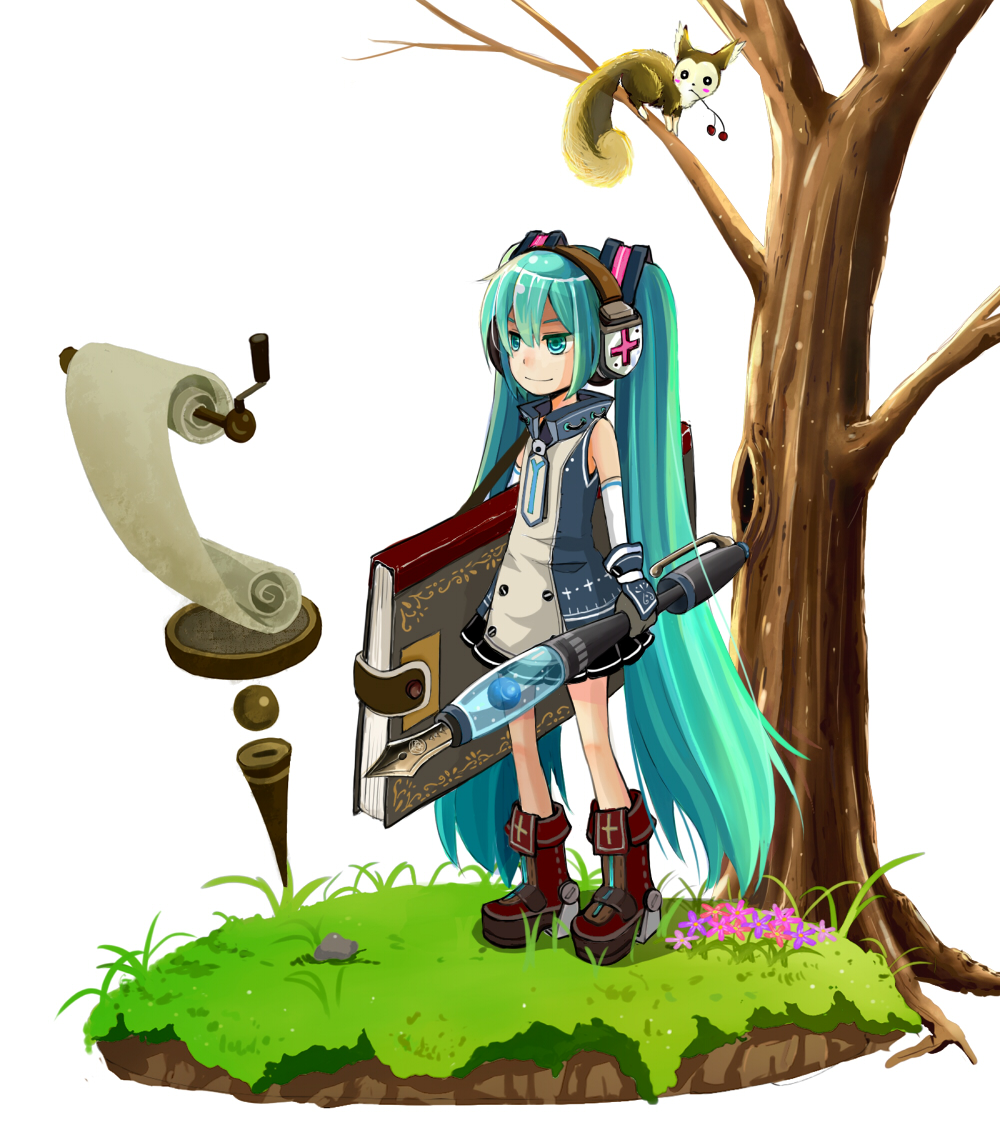 aqua_eyes, aqua_hair, book, gloves, grass, hatsune_miku, headphones, long_hair