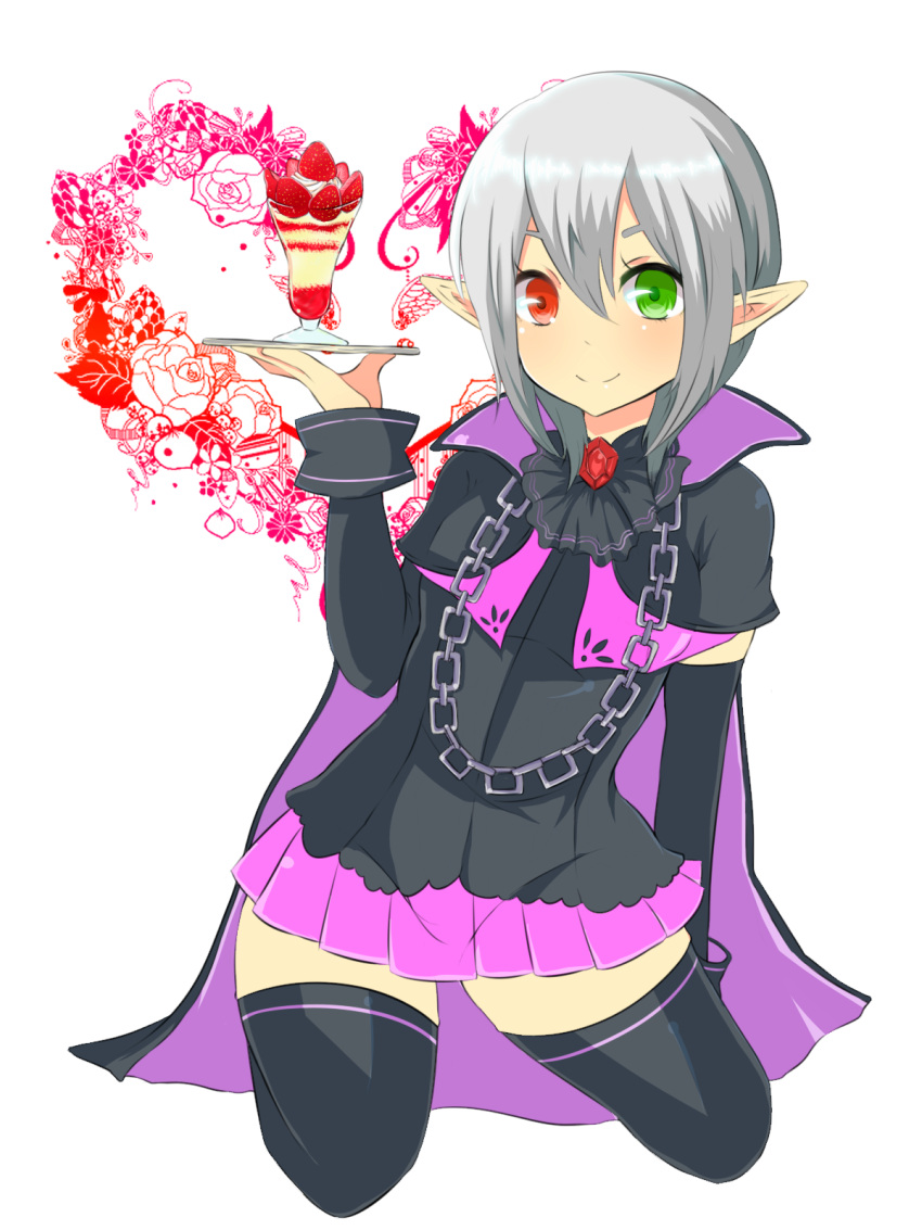1girl, black_thighhighs, cape, capelet, chain, floral_background, food_request, green_eyes, grey_hair, heterochromia, highres, iris_(rune_factory), pleated_skirt, pointy_ears, purple_skirt, red_eyes, rune_factory, rune_factory_frontier, short_hair, skirt, solo, split_mouth, straight_hair, thigh-highs, vampire, yu_makoto_(yu_uma)