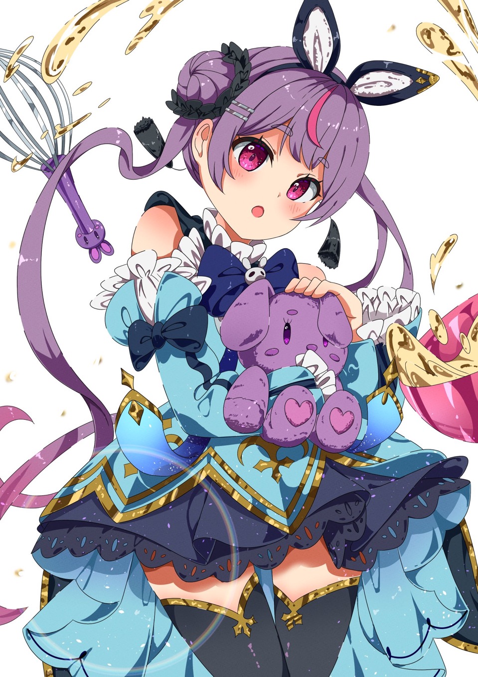 1girl, bare_shoulders, black_headband, black_thighhighs, blue_bow, blue_dress, blue_sleeves, blush, bow, candy07, cattleya_regina_games, collared_dress, cowboy_shot, detached_sleeves, dress, frilled_dress, frills, gold_trim, hair_bun, head_tilt, headband, high-low_dress, highres, holding, holding_stuffed_toy, lens_flare, long_hair, long_sleeves, open_mouth, pink_eyes, purple_hair, simple_background, single_hair_bun, solo, standing, stuffed_animal, stuffed_rabbit, stuffed_toy, thigh-highs, tosaki_mimi, virtual_youtuber, vspo!, water_drop, whisk, white_background
