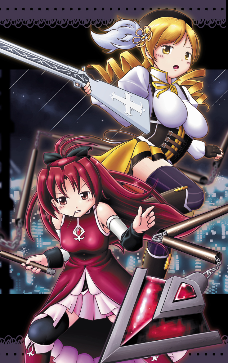 2girls, blonde_hair, blue_asterisk, drill_hair, fingerless_gloves, gloves, gun, hat, mahou_shoujo_madoka_magica, mouth_hold, multiple_girls, nunchaku, pocky, polearm, ponytail, red_eyes, red_hair, redhead, rifle, sakura_kyouko, spear, tomoe_mami, weapon, yellow_eyes