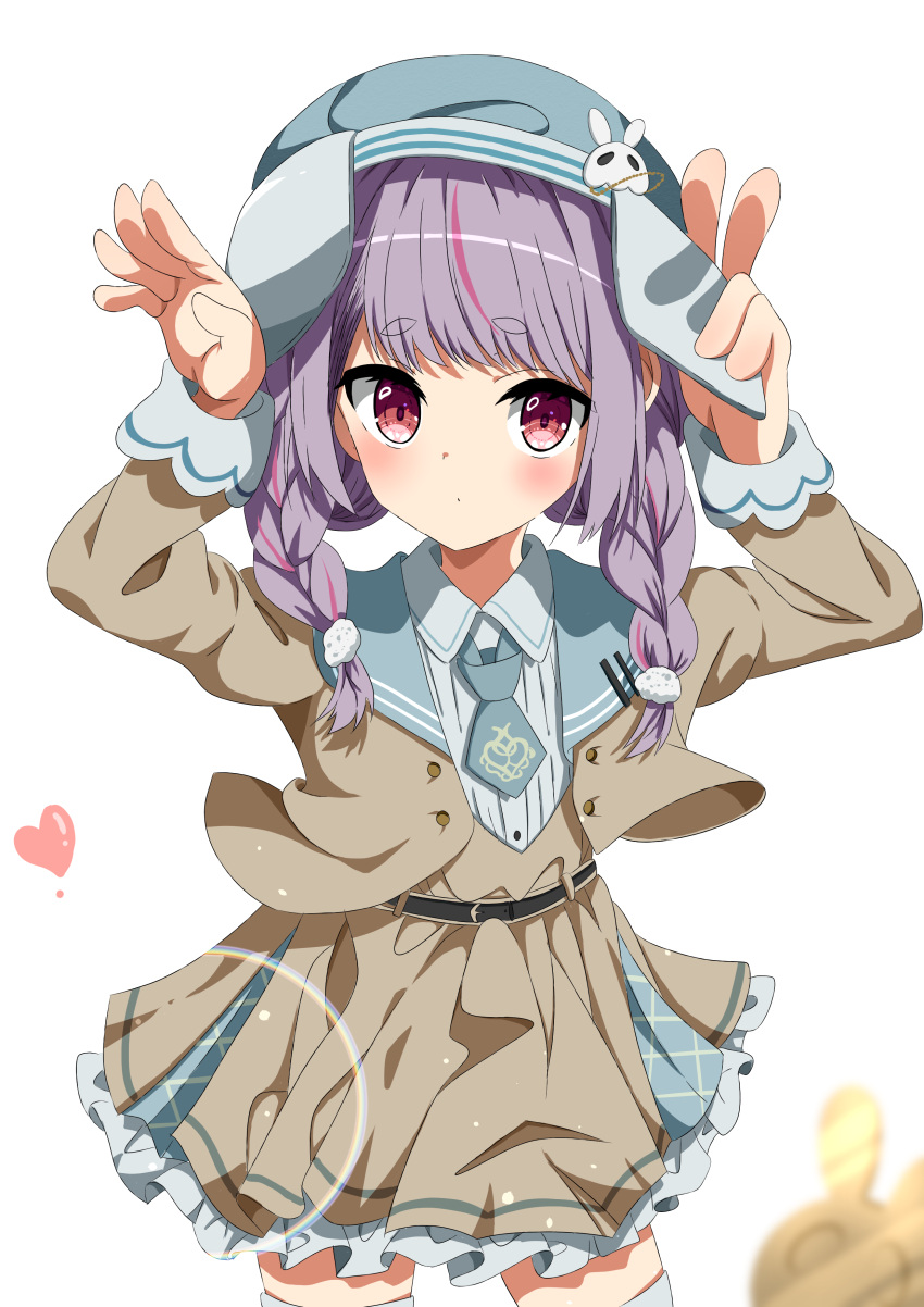1girl, absurdres, belt, beret, blurry, blurry_foreground, blush, braid