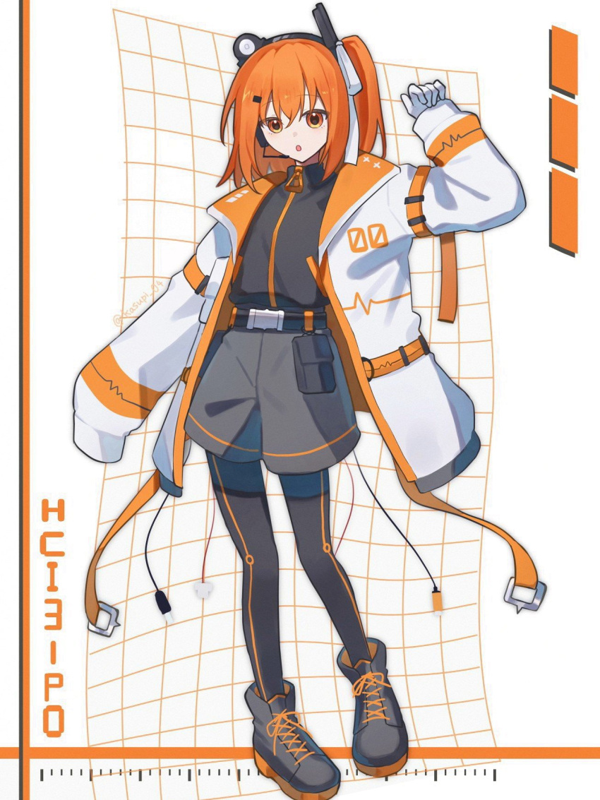 1girl, :o, a.i._voice, adachi_rei, belt, black_belt, black_leggings, cable, full_body, gloves, grey_shorts, hand_up, headlamp, headset, highres, jacket, kasupi_04, leggings, lens_eye, long_sleeves, medium_hair, number_print, open_clothes, open_jacket, orange_eyes, orange_hair, radio_antenna, shoes, shorts, simple_background, sleeves_past_fingers, sleeves_past_wrists, sneakers, solo, sound_wave, standing, turtleneck, utau, white_gloves, white_jacket