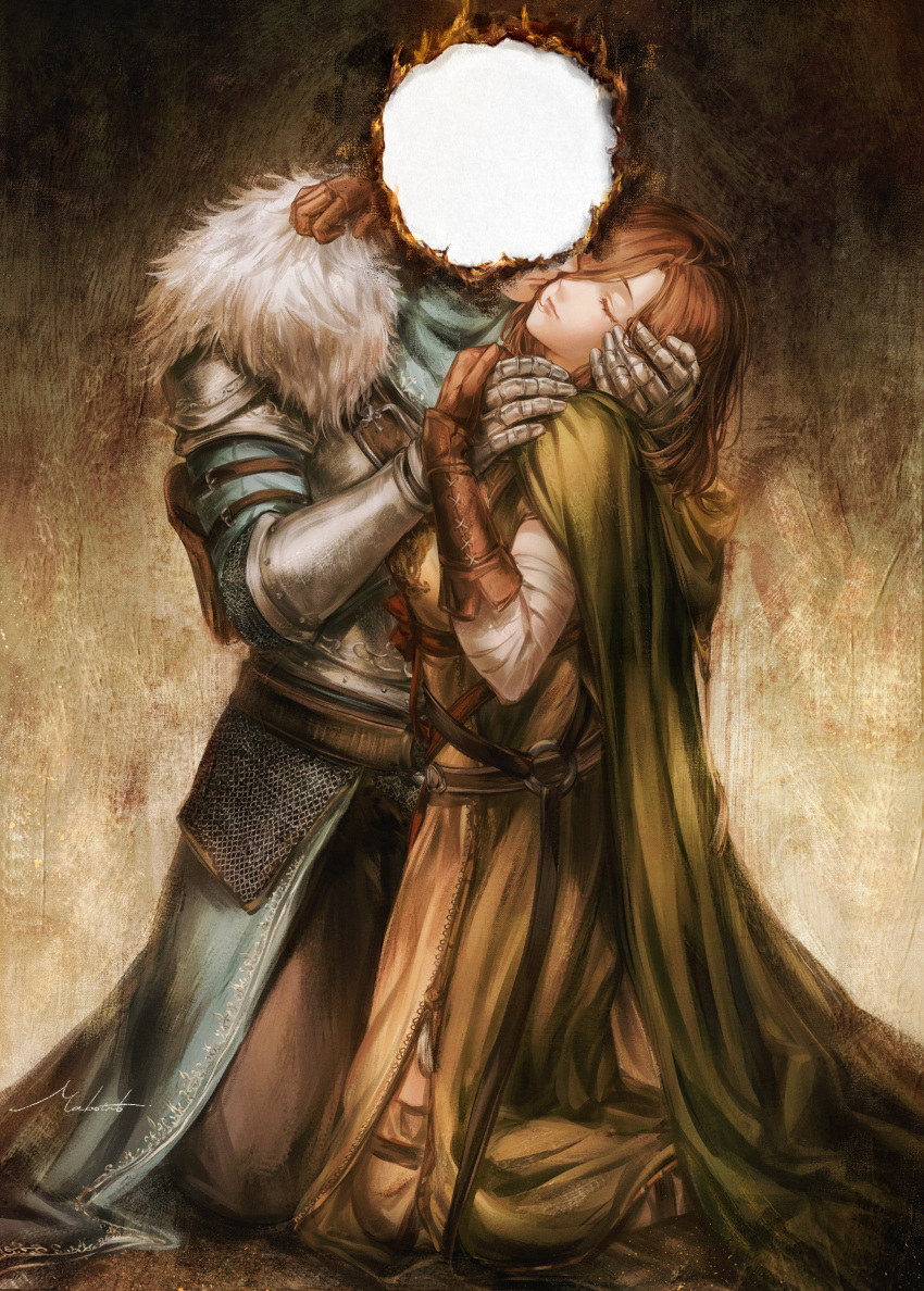1girl, 1other, absurdres, ambiguous_gender, arm_on_another's_shoulder, armor, bearer_of_the_curse, boots