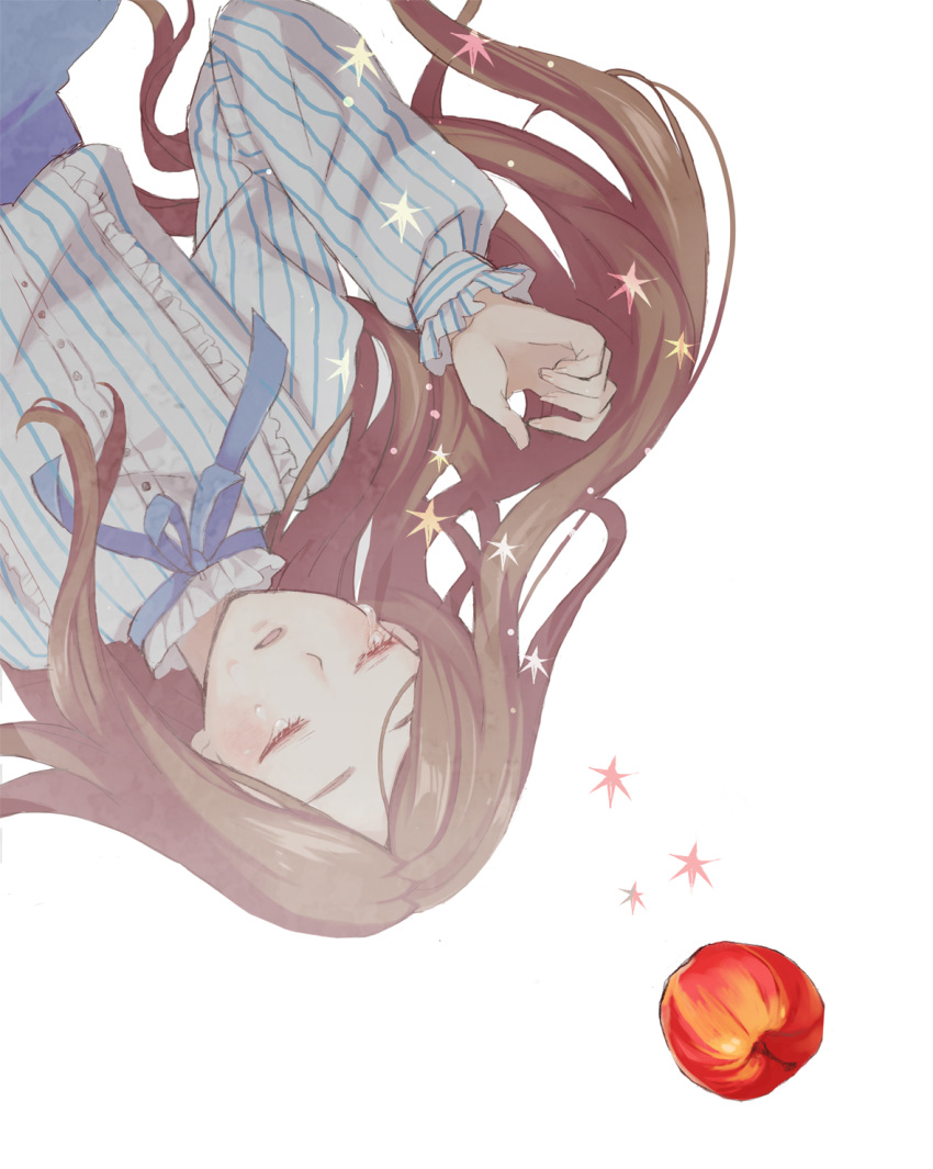 1girl, apple, blush, closed_eyes, collar, crying, floating, floating_hair